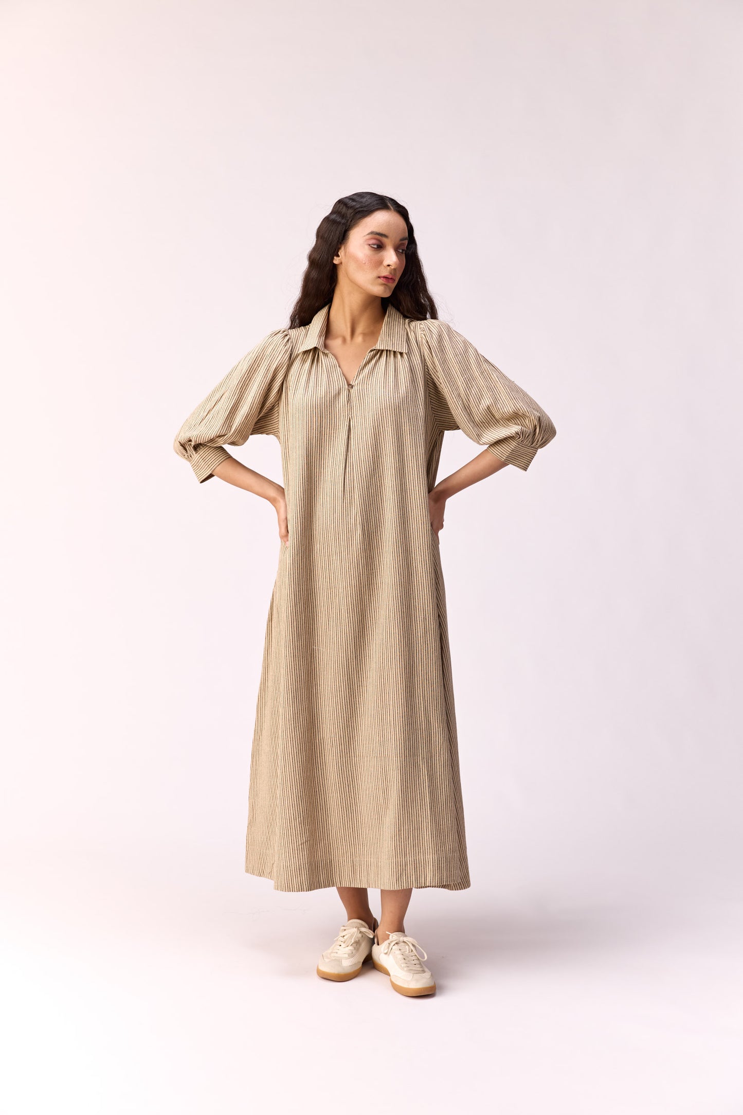 Oat meal striped long line dress