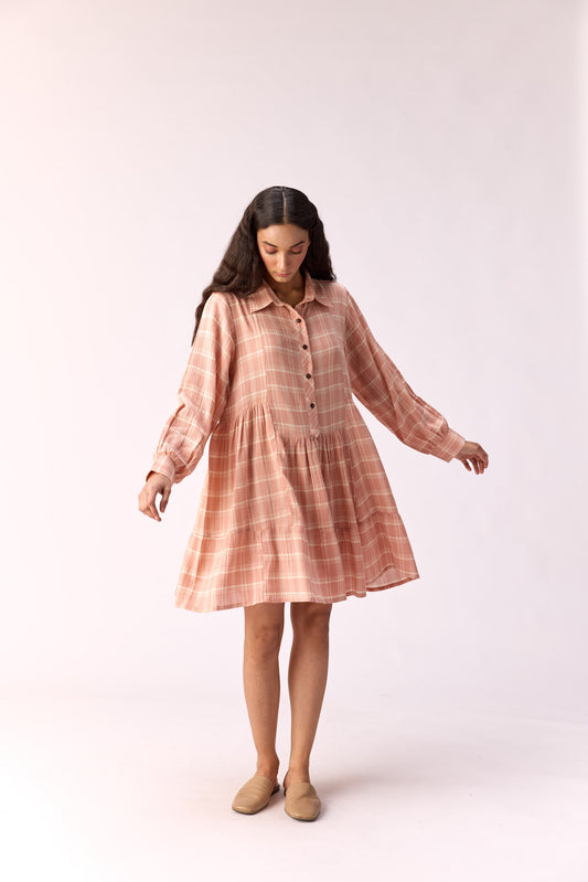 Rosy Flare Plaid Cotton Dress