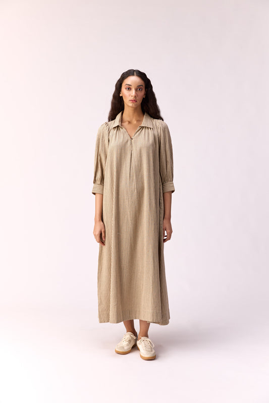 Oat meal striped long line dress