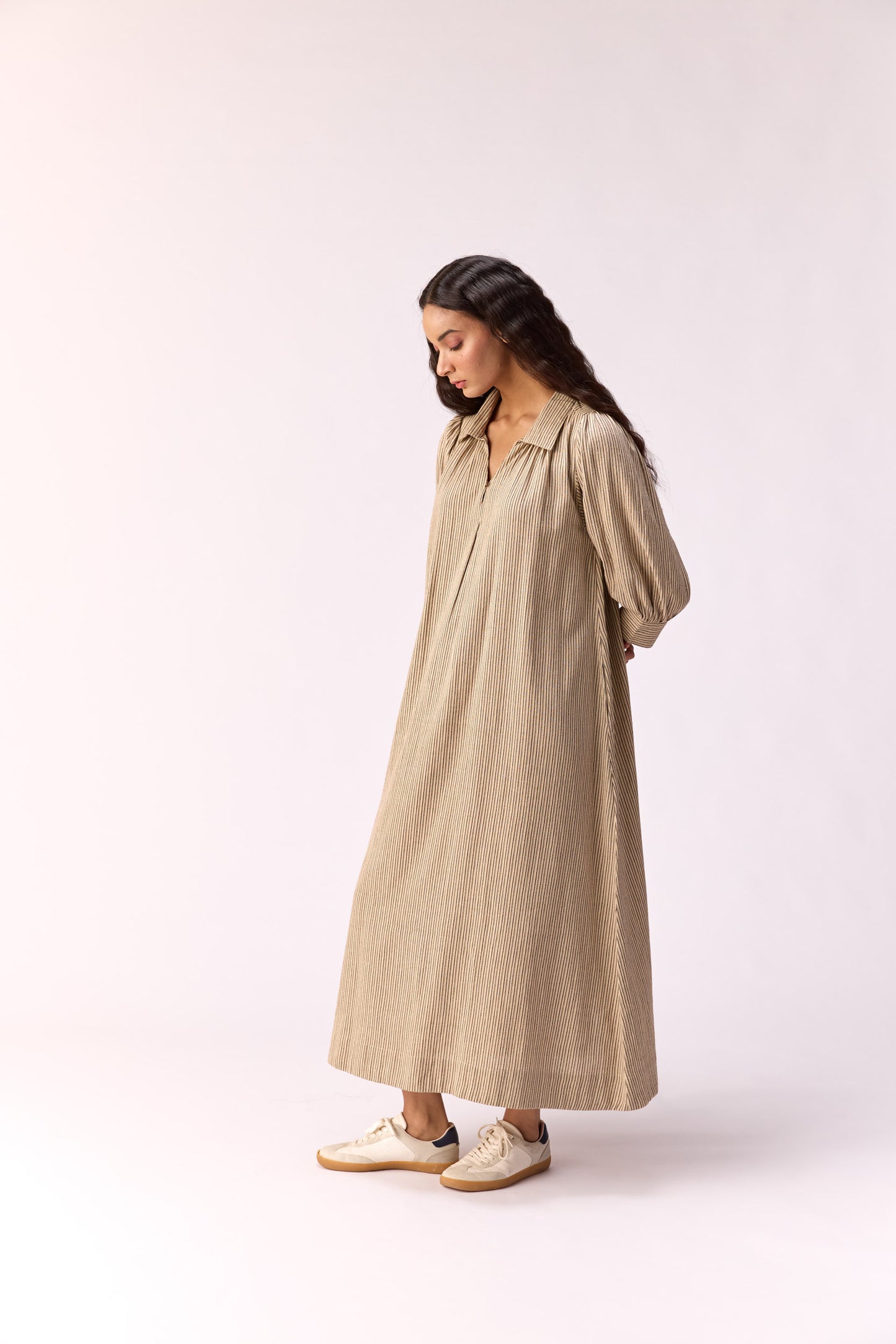 Oat meal striped long line dress