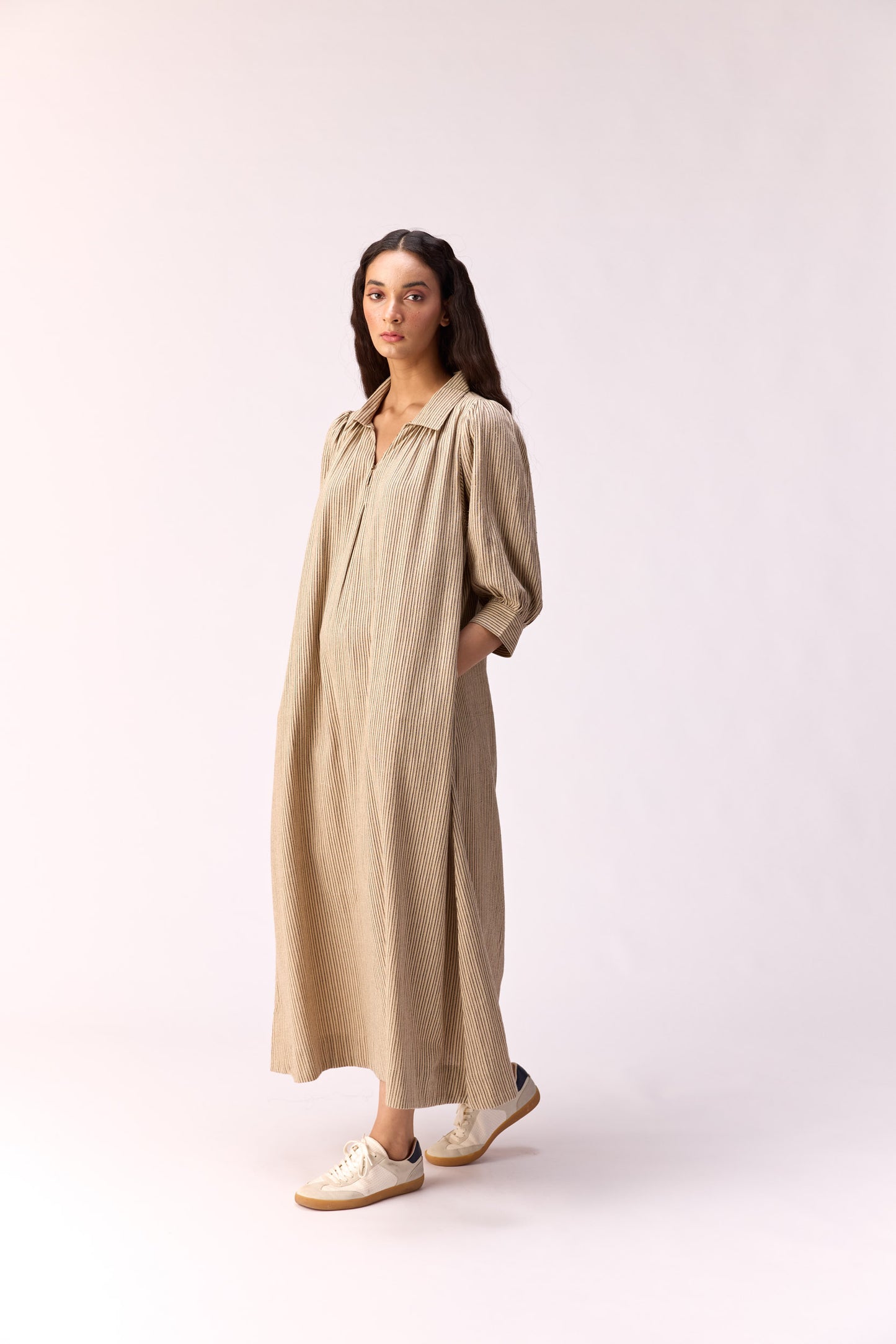 Oat meal striped long line dress