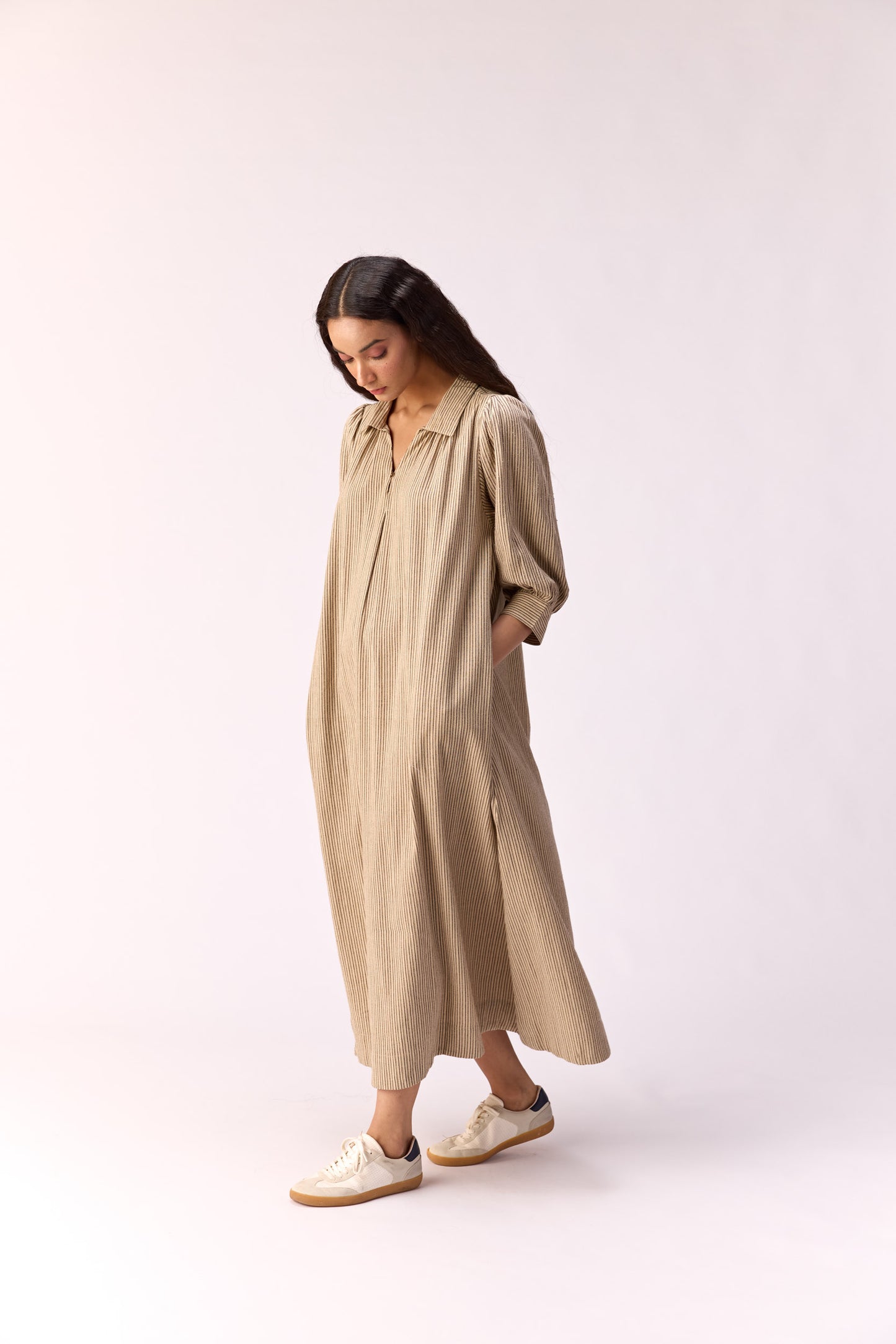 Oat meal striped long line dress