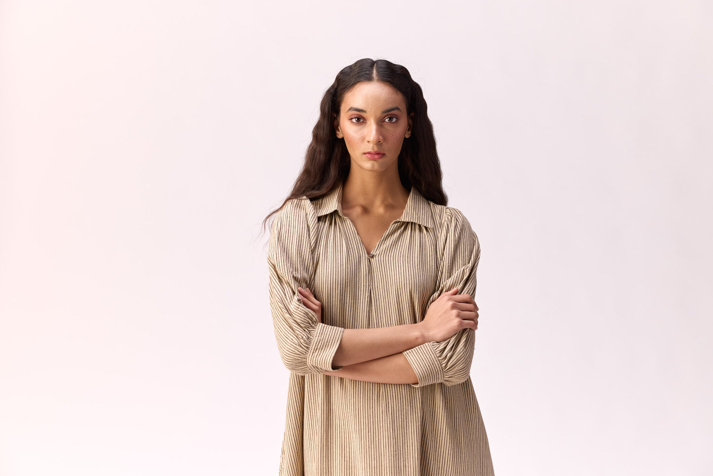 Oat meal striped long line dress