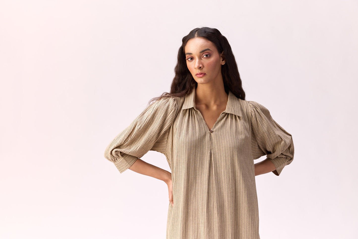 Oat meal striped long line dress