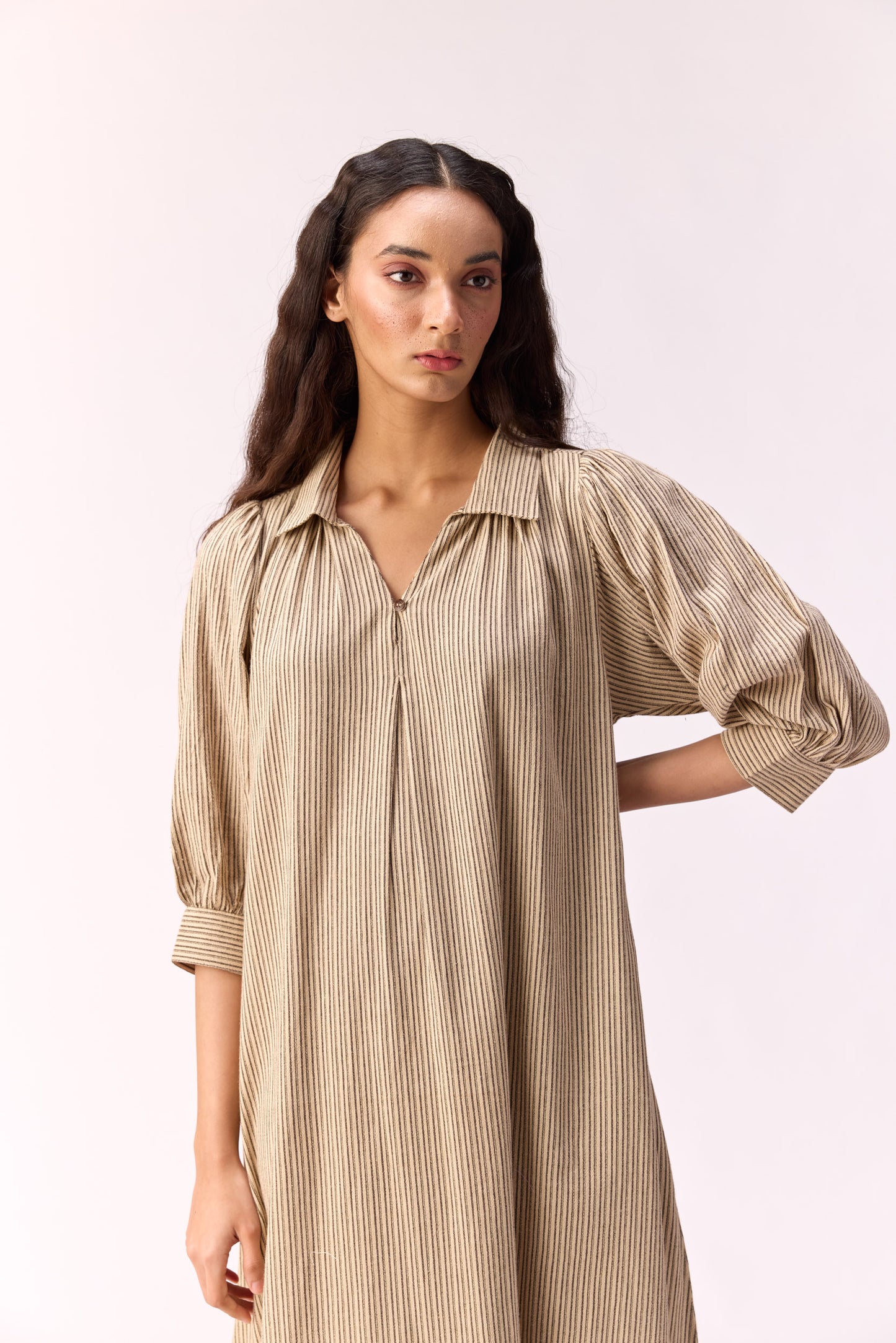 Oat meal striped long line dress